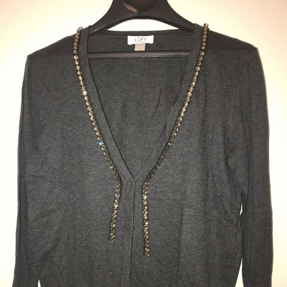 ANN TAYLOR LOFT JEWELED COTTON V-NECK CARDIGAN M - Picture 3 of 4